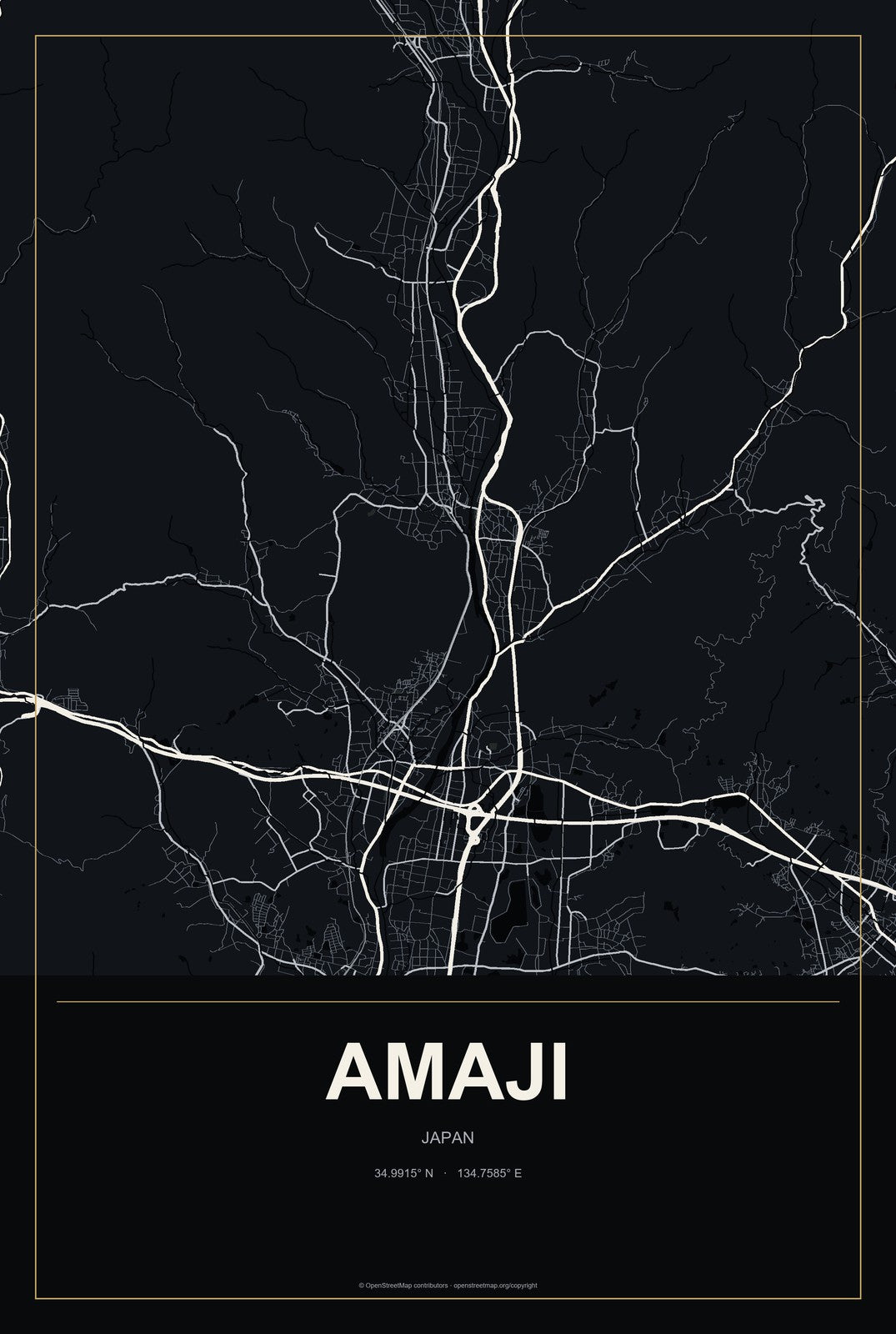 Amaji, Japan City Map Aluminum Sign in Metropolitan Noir style
