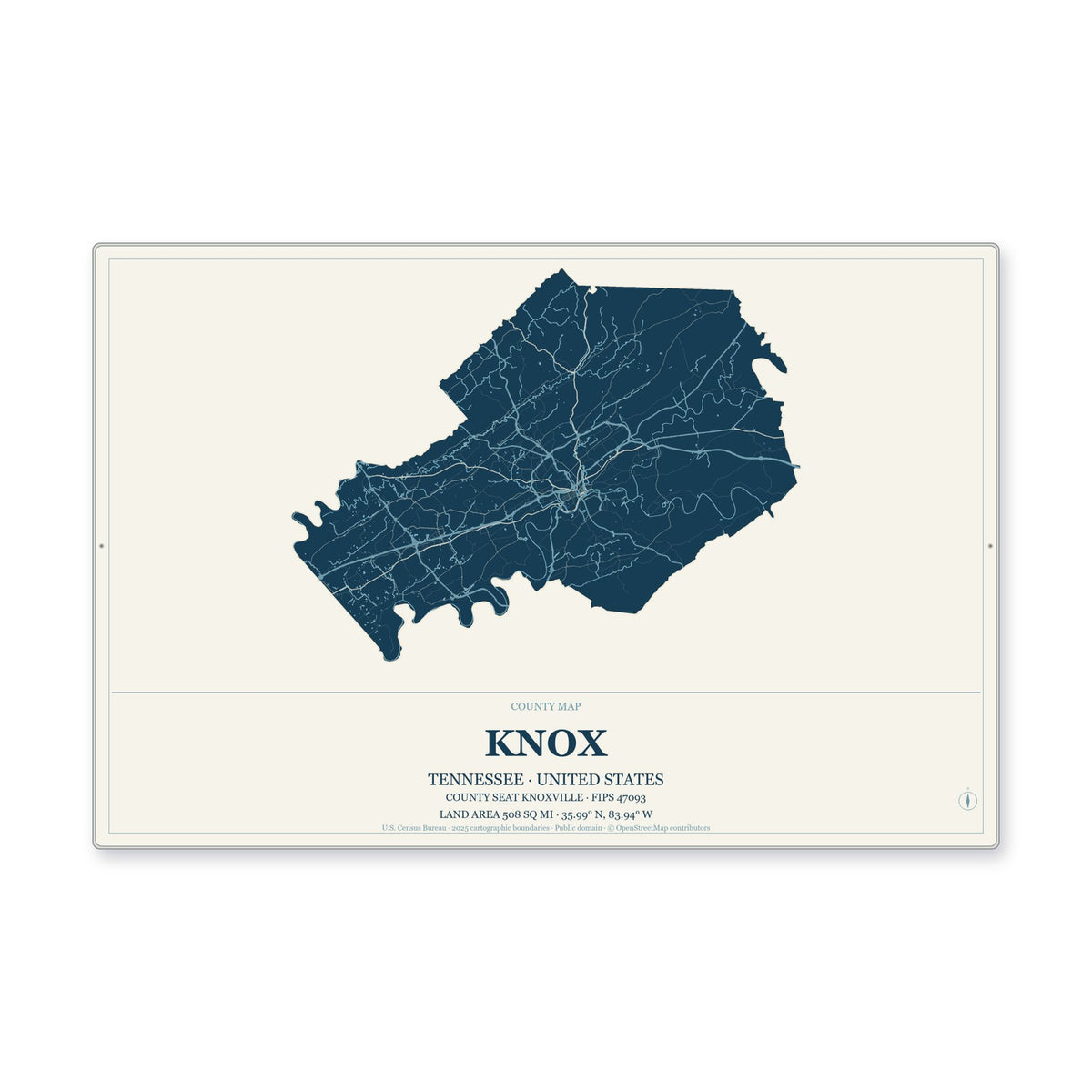 Knox County, Tennessee Map Aluminum Sign in Coastal Cutout style