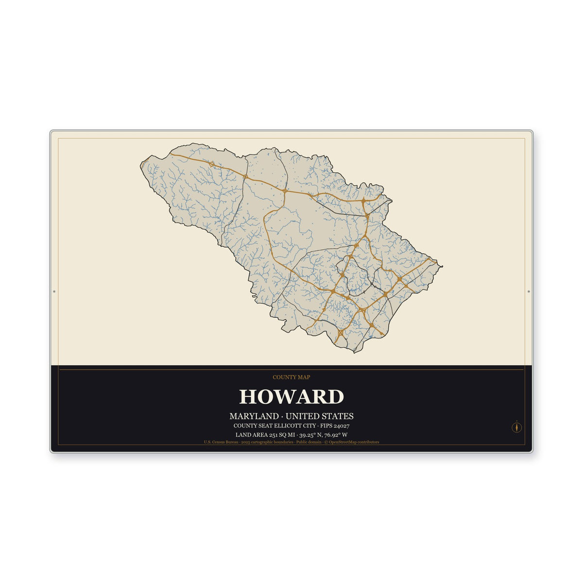 Howard County, Maryland Map Aluminum Sign in Museum Plaque style