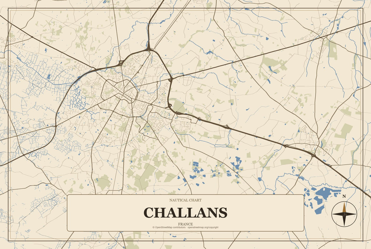 Challans, France City Map Aluminum Sign in Heritage Nautical style