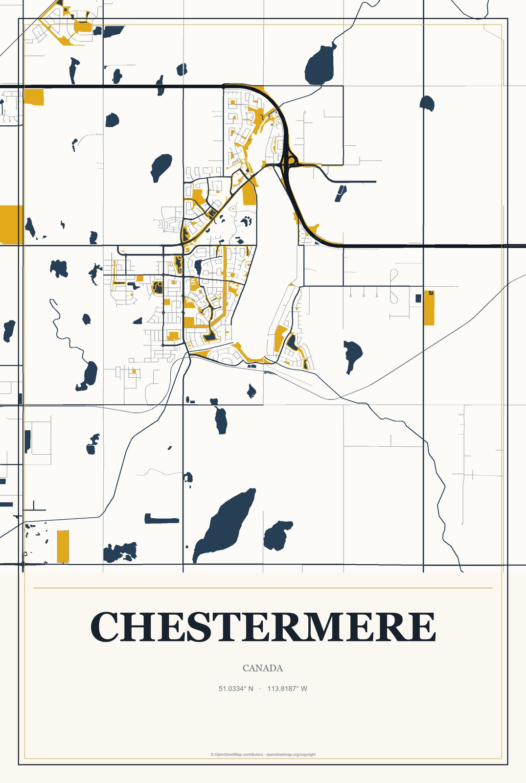 Chestermere, Canada City Map Aluminum Sign in Citrine Modern style
