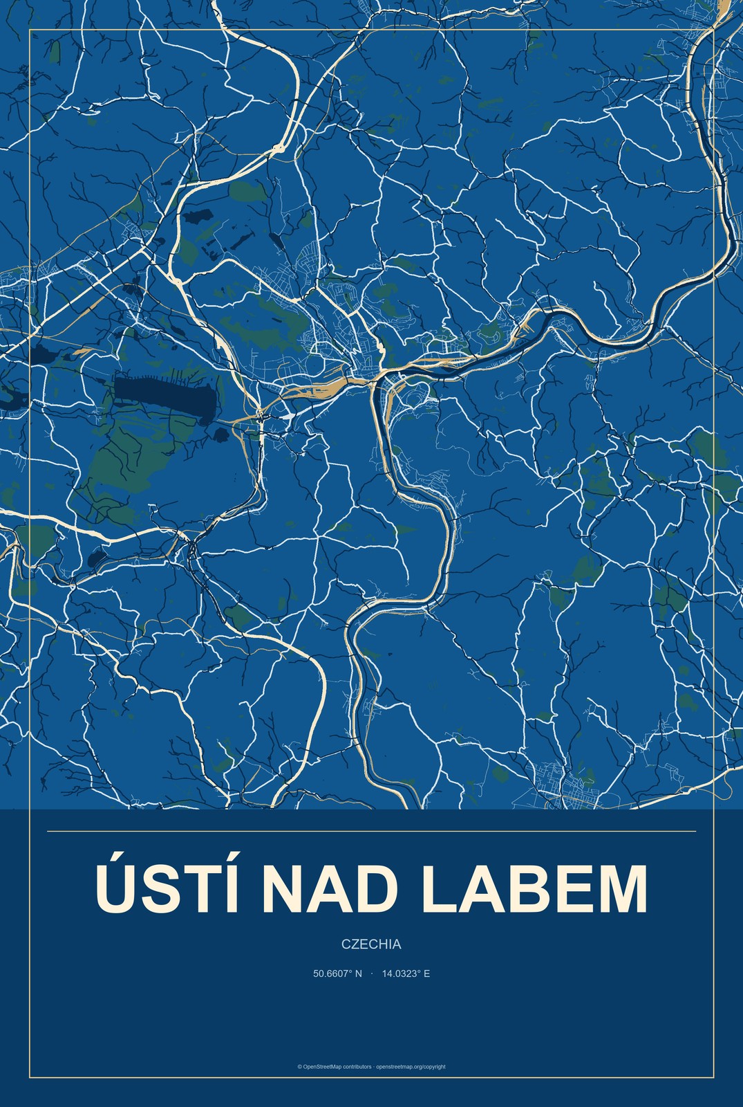 Ústí nad Labem, Czechia City Map Aluminum Sign in Harbor Cobalt style