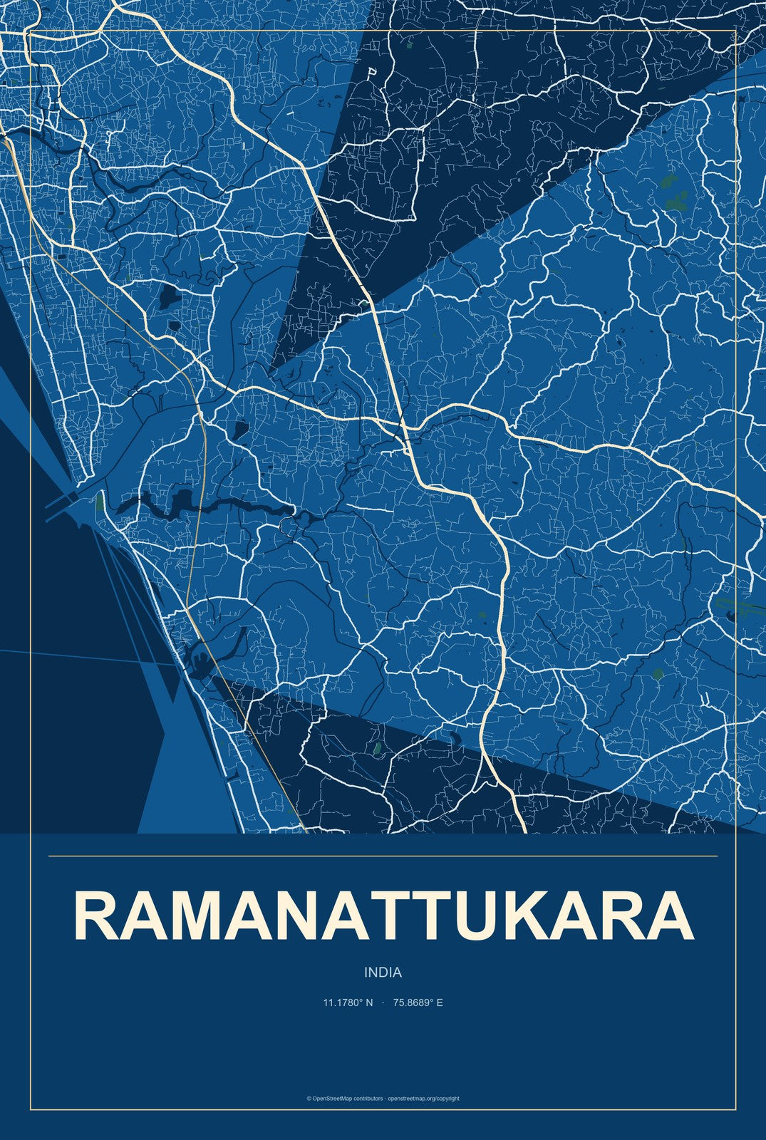 Ramanattukara, India City Map Aluminum Sign in Harbor Cobalt style