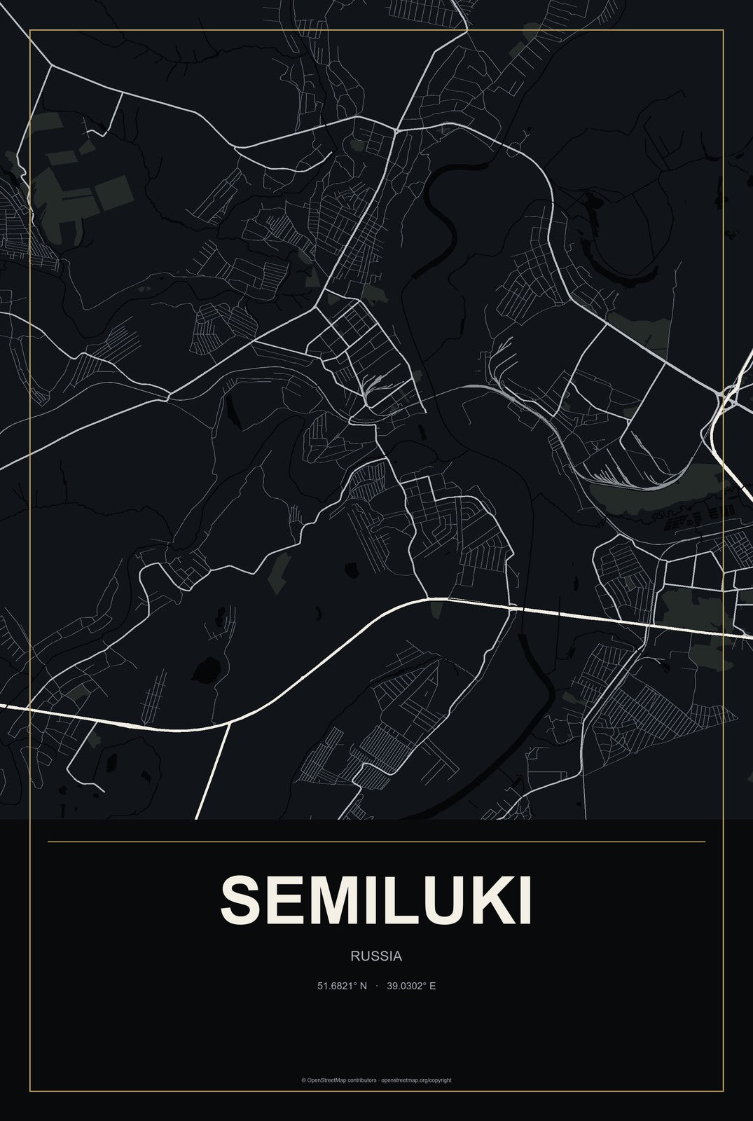 Semiluki, Russia City Map Aluminum Sign in Metropolitan Noir style