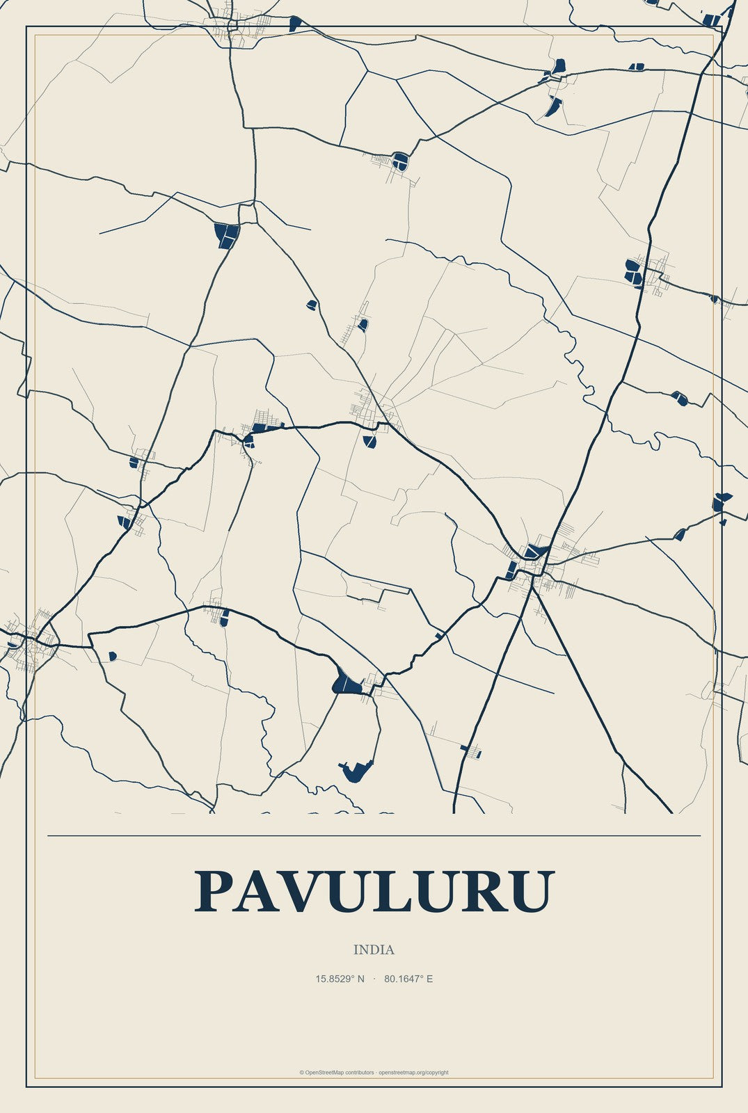 Pavuluru, India City Map Aluminum Sign in Coastal Cutout style