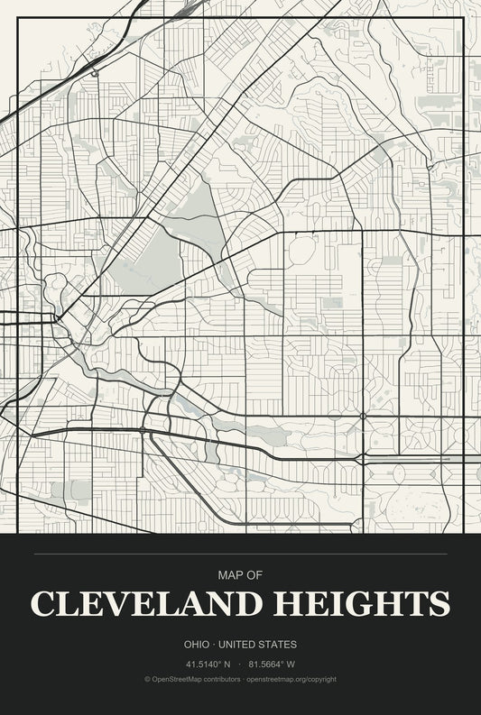Cleveland Heights, Ohio City Map Aluminum Sign in Museum Plaque style