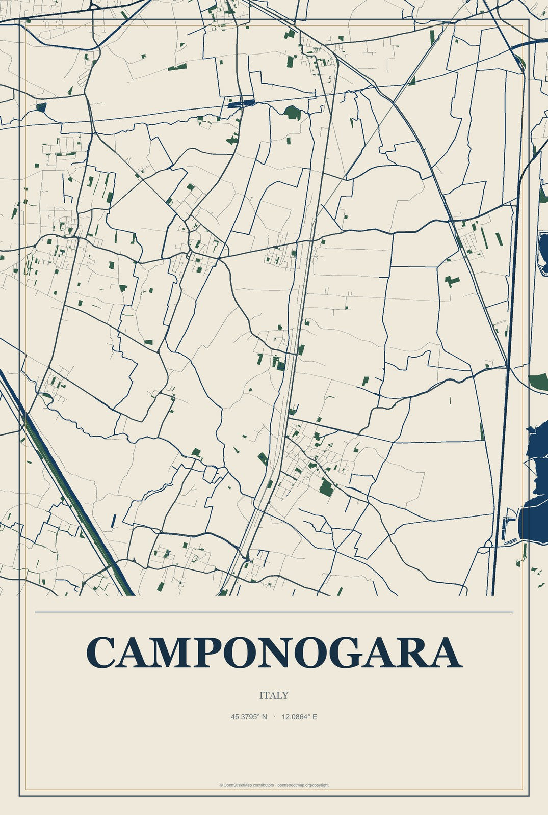 Camponogara, Italy City Map Aluminum Sign in Coastal Cutout style