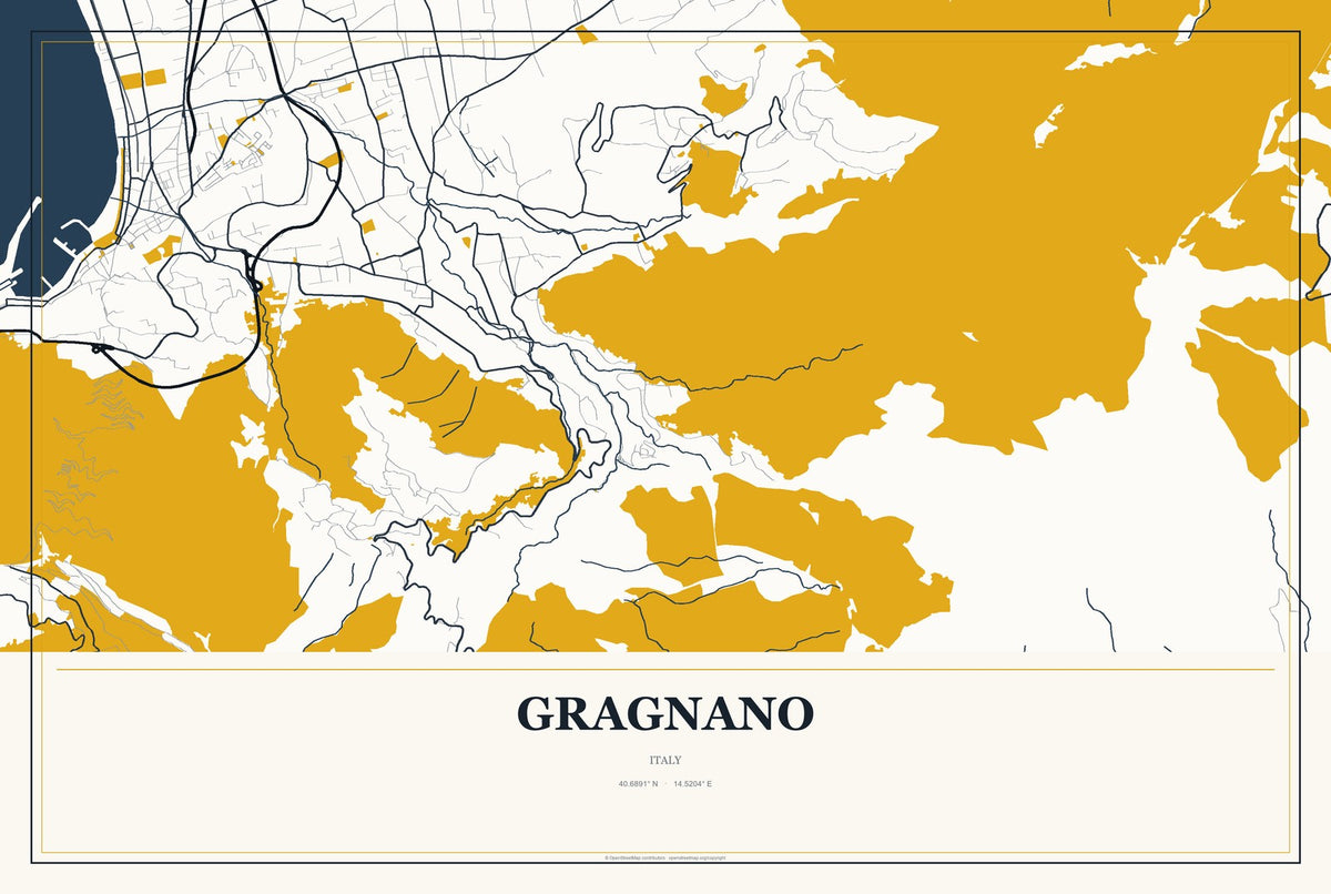 Gragnano, Italy City Map Aluminum Sign in Citrine Modern style