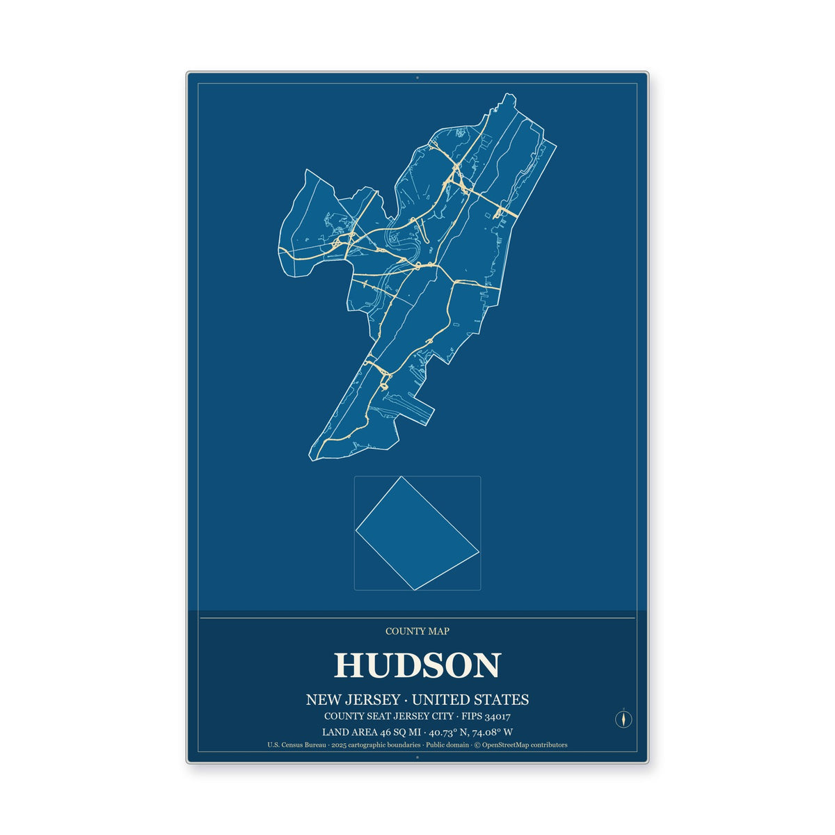 Hudson County, New Jersey Map Aluminum Sign in Harbor Cobalt style