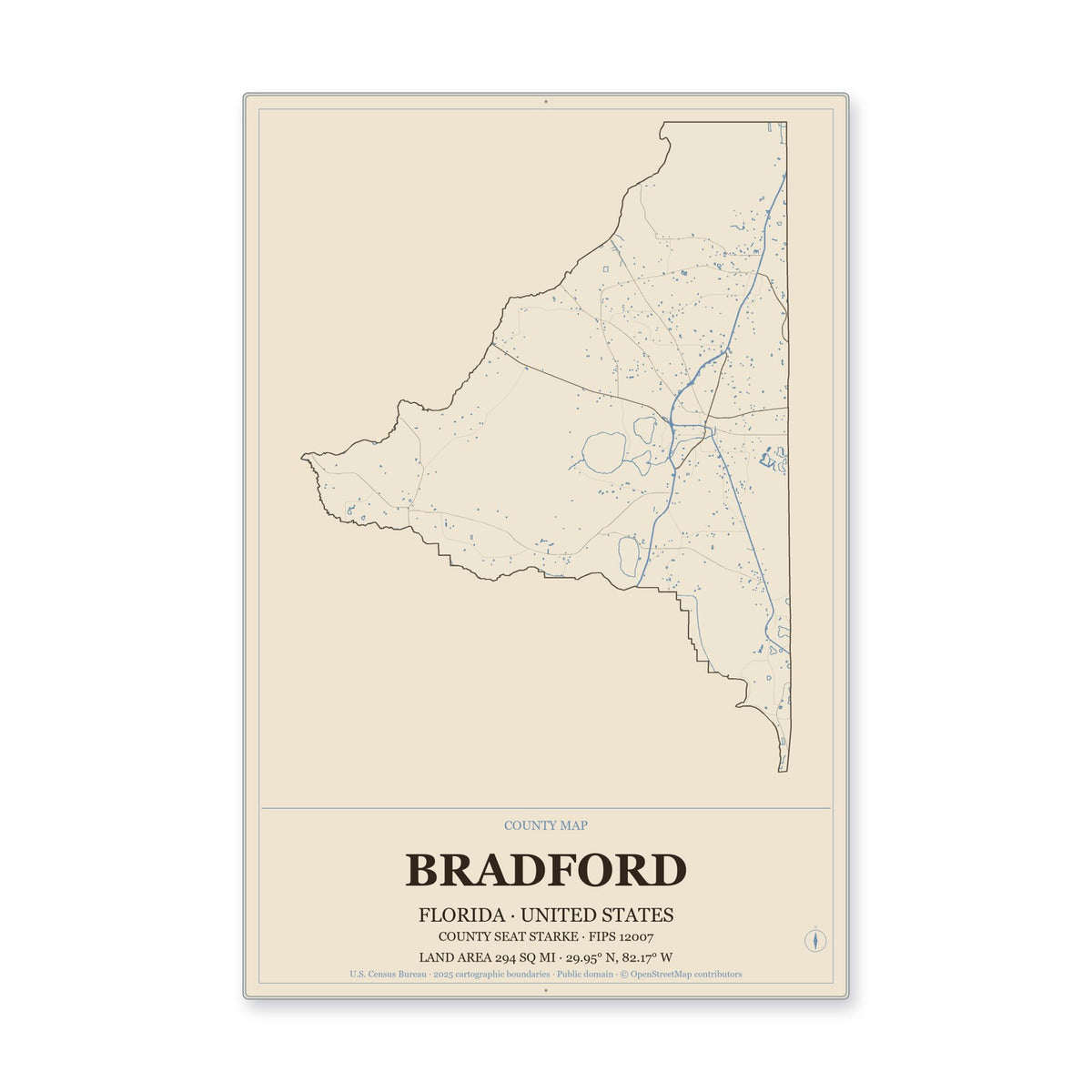 Bradford County, Florida Map Aluminum Sign in Heritage Nautical style