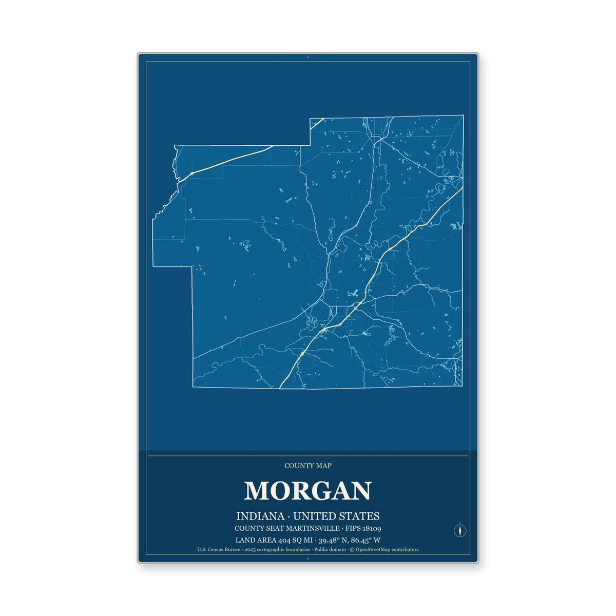 Morgan County, Indiana Map Aluminum Sign in Harbor Cobalt style