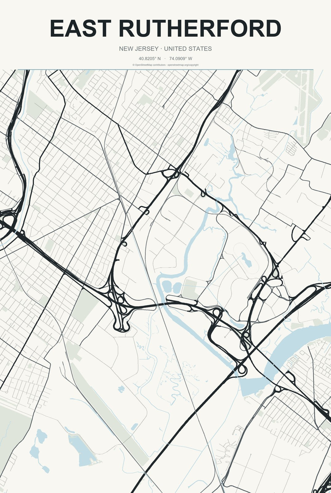 East Rutherford, New Jersey City Map Aluminum Sign in Headline Atlas style