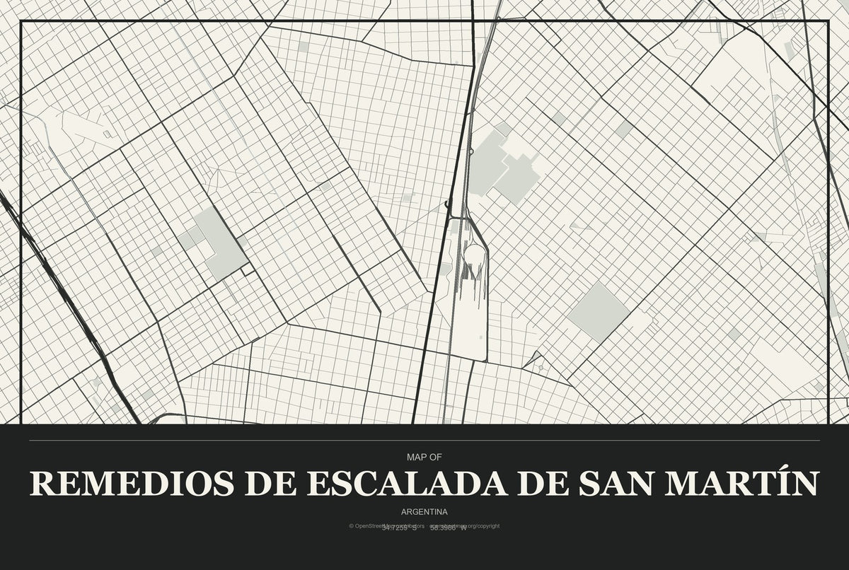 Remedios de Escalada de San Martín, Argentina City Map Aluminum Sign in Museum Plaque style