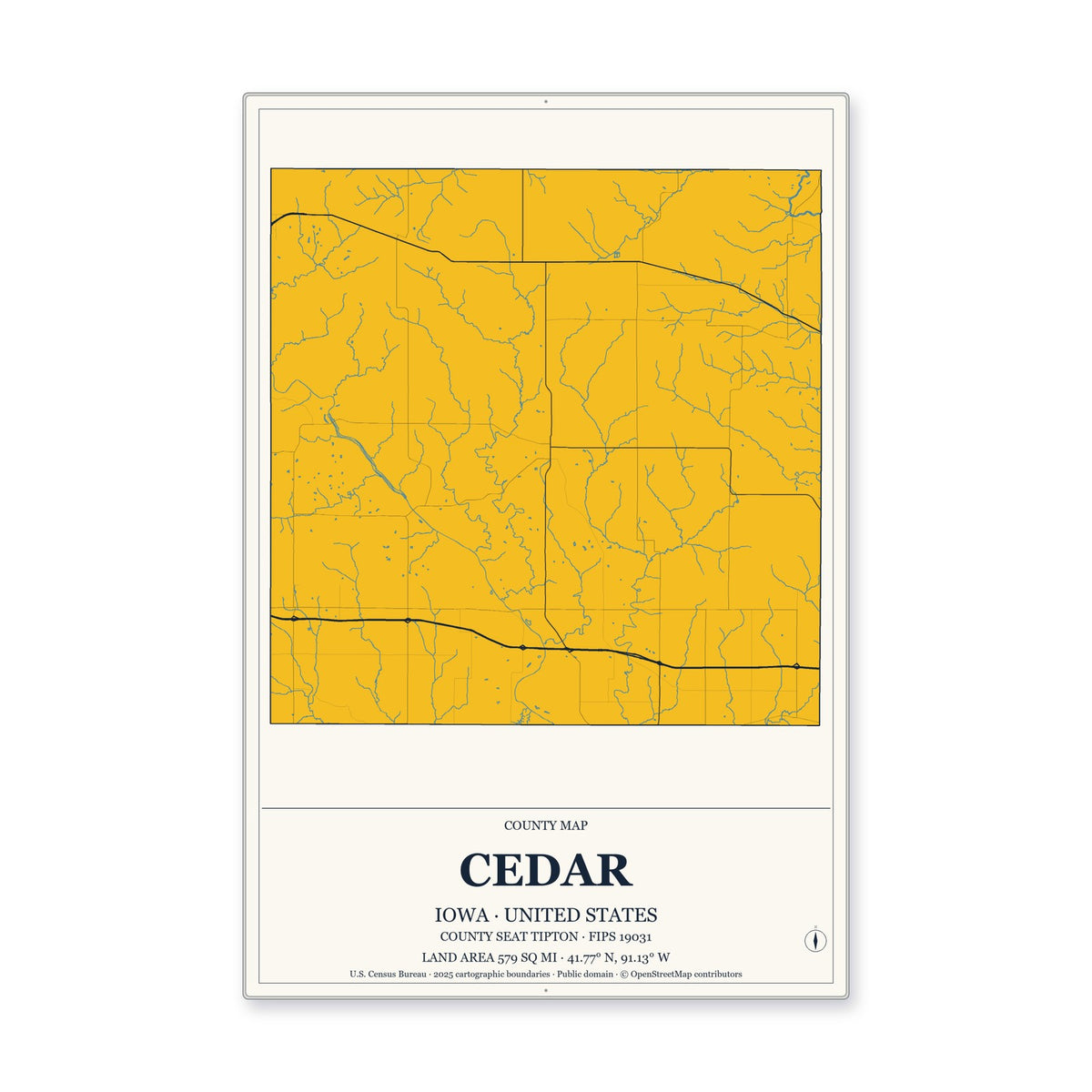 Cedar County, Iowa Map Aluminum Sign in Citrine Modern style