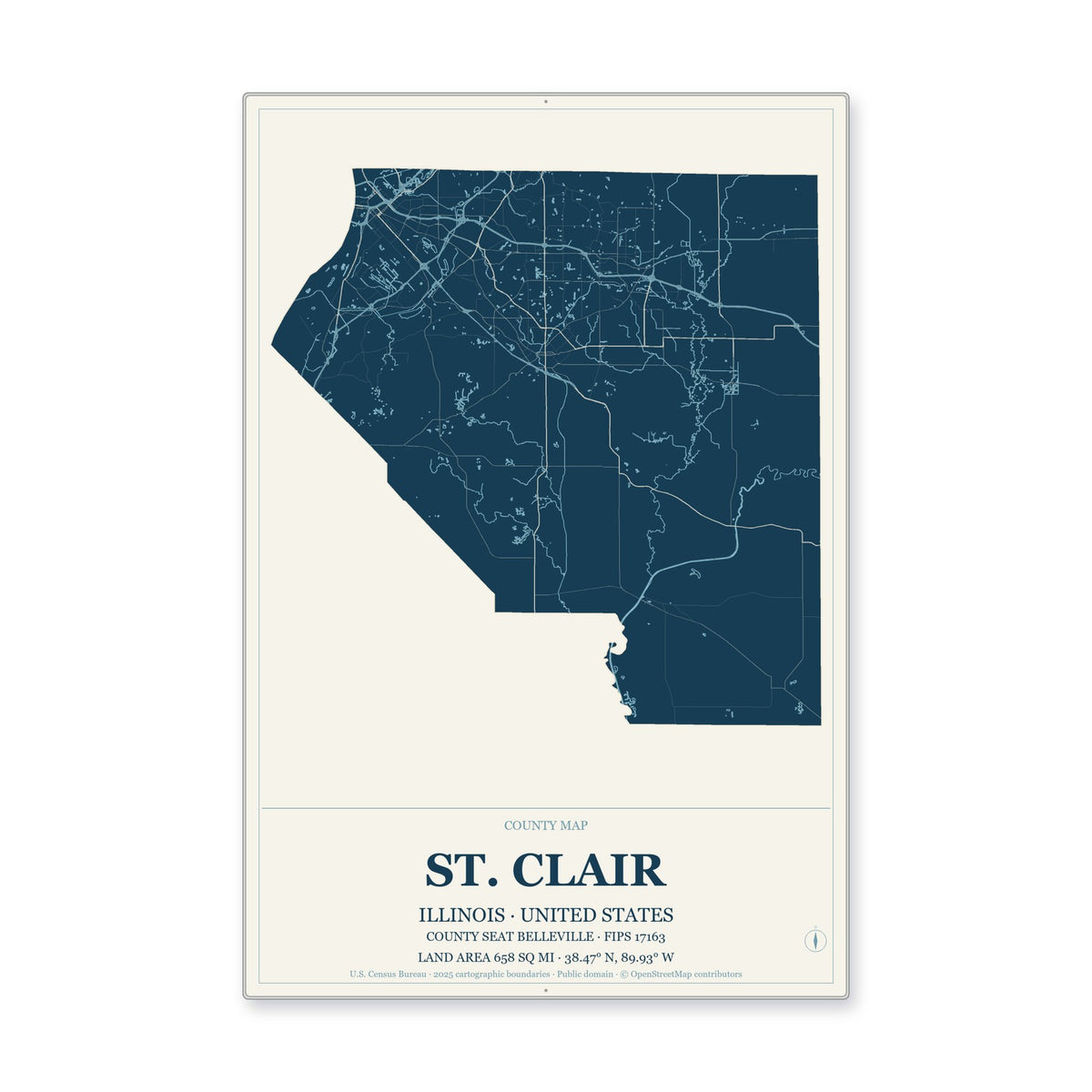 St. Clair County, Illinois Map Aluminum Sign in Coastal Cutout style