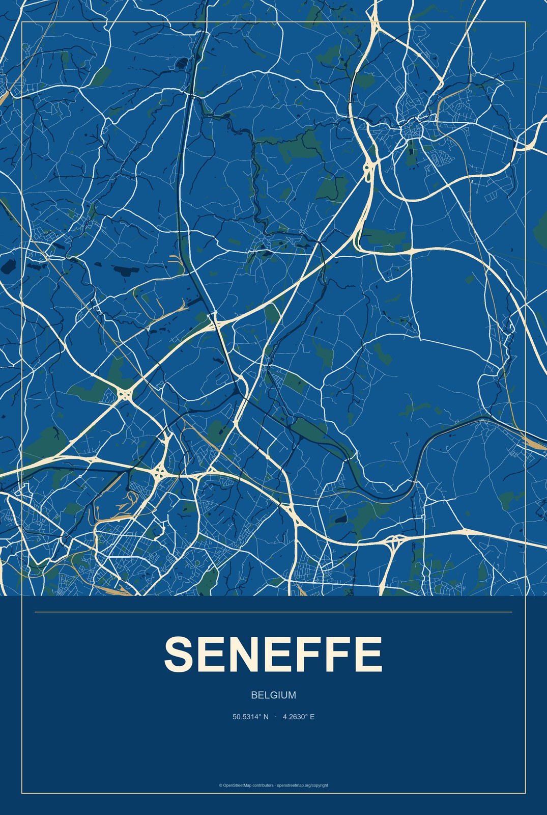 Seneffe, Belgium City Map Aluminum Sign in Harbor Cobalt style
