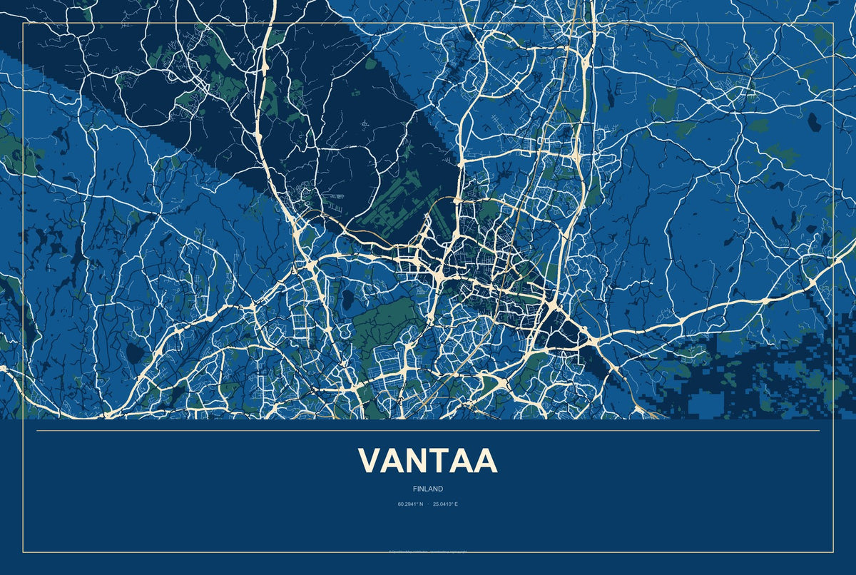 Vantaa, Finland City Map Aluminum Sign in Harbor Cobalt style