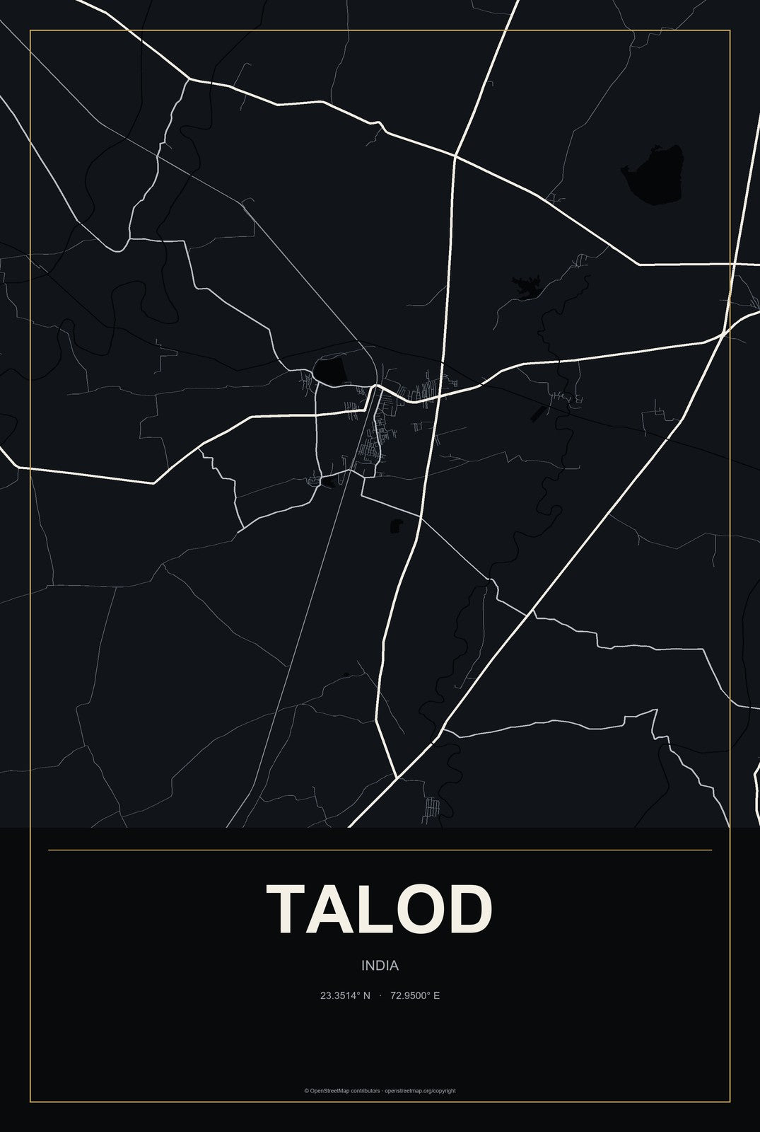 Talod, India City Map Aluminum Sign in Metropolitan Noir style