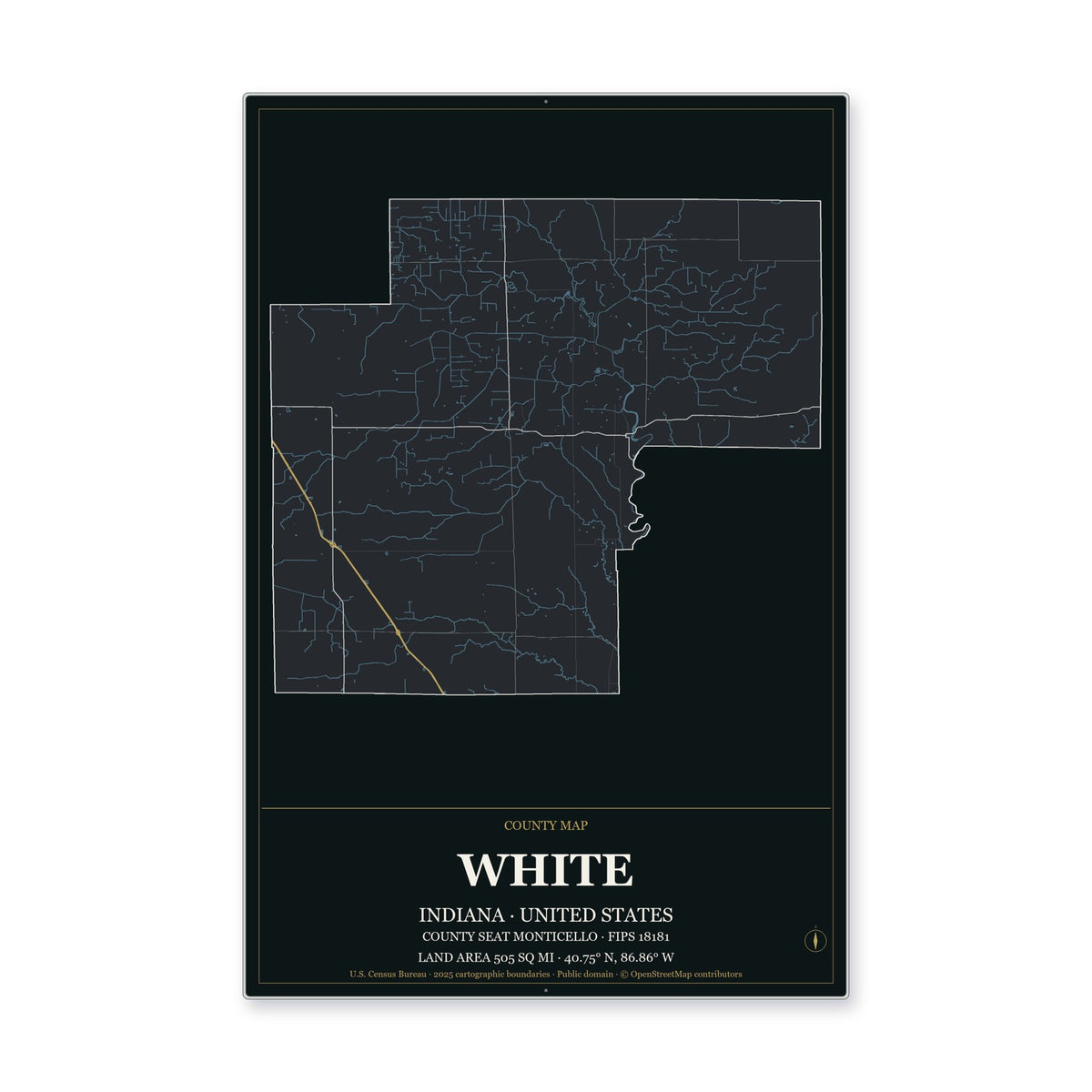 White County, Indiana Map Aluminum Sign in Metropolitan Noir style