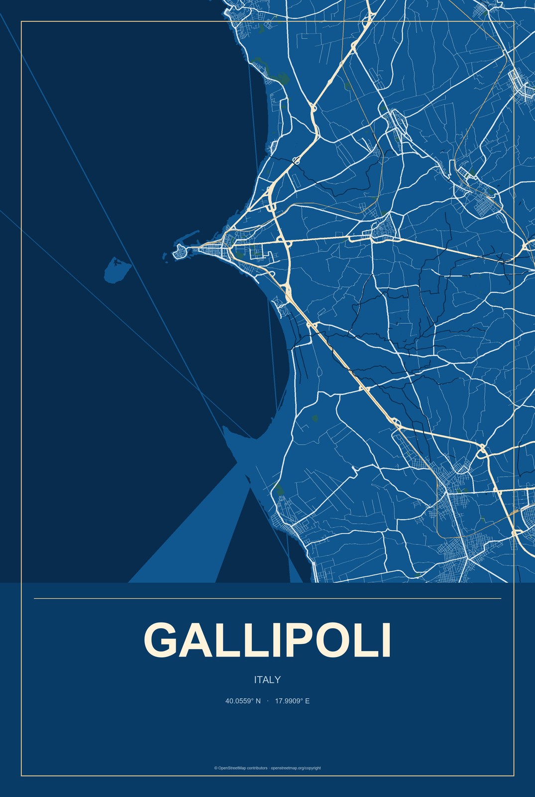 Gallipoli, Italy City Map Aluminum Sign in Harbor Cobalt style