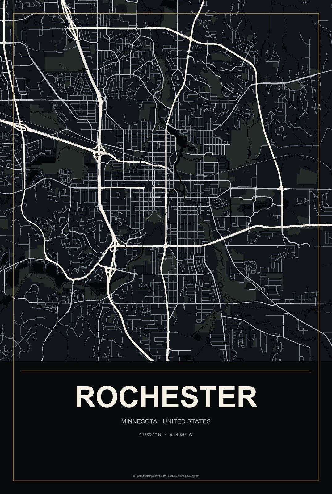 Rochester, Minnesota City Map Aluminum Sign in Metropolitan Noir style