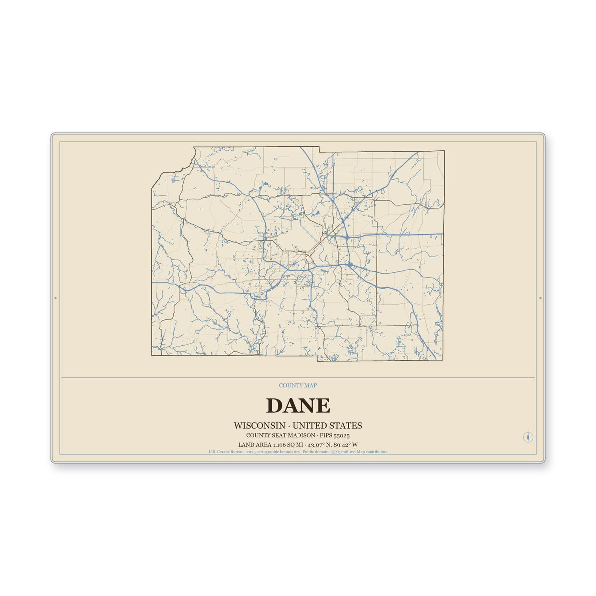 Dane County, Wisconsin Map Aluminum Sign in Heritage Nautical style