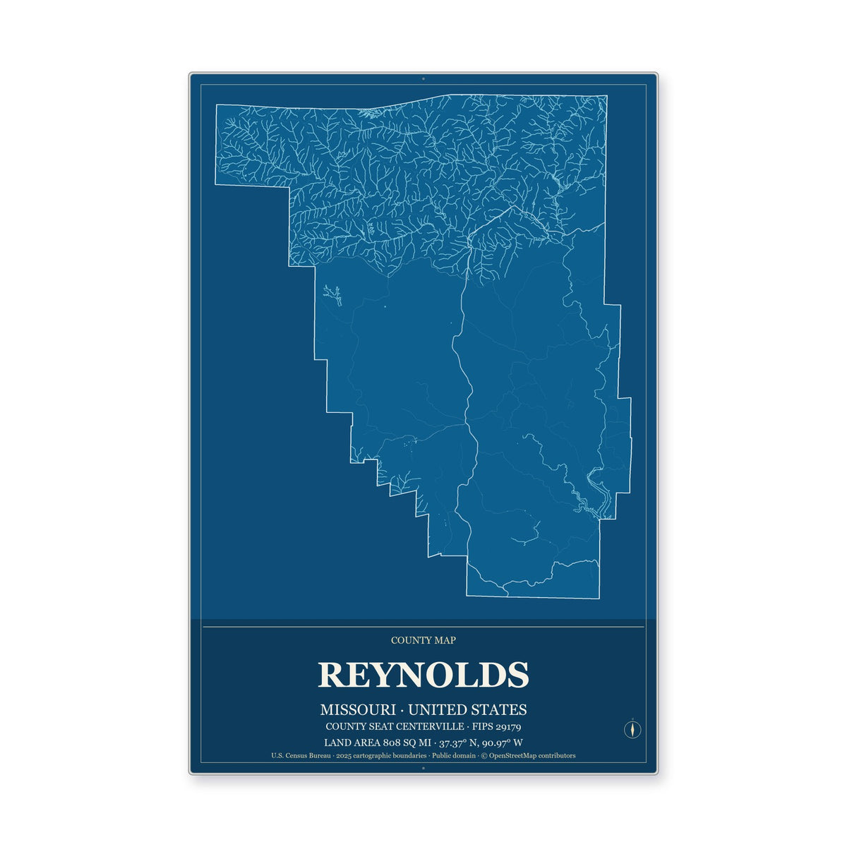 Reynolds County, Missouri Map Aluminum Sign in Harbor Cobalt style