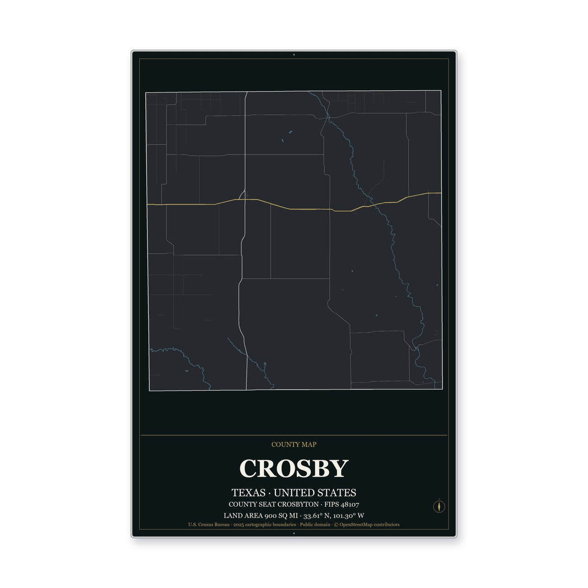 Crosby County, Texas Map Aluminum Sign in Metropolitan Noir style