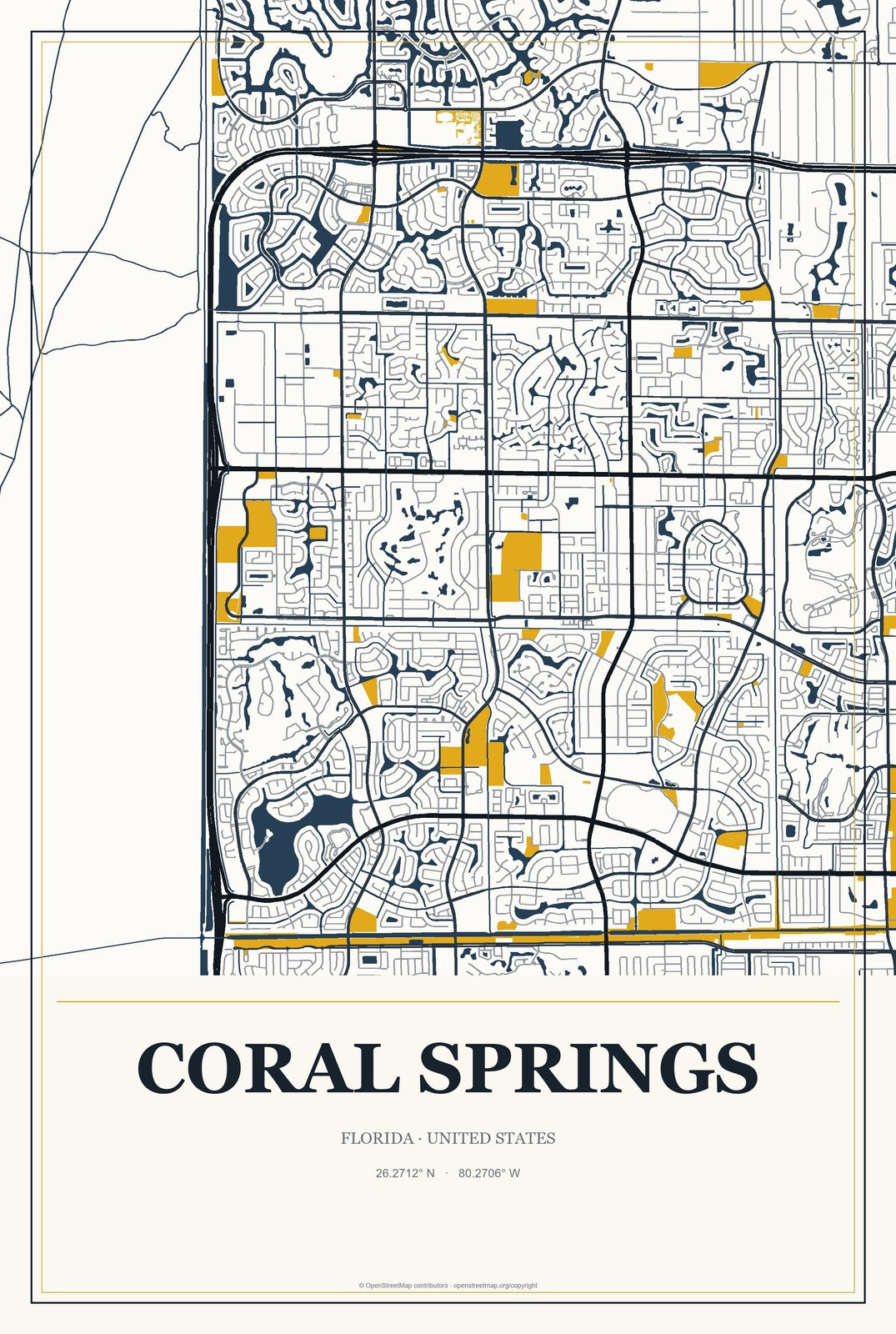 Coral Springs, Florida City Map Aluminum Sign in Citrine Modern style