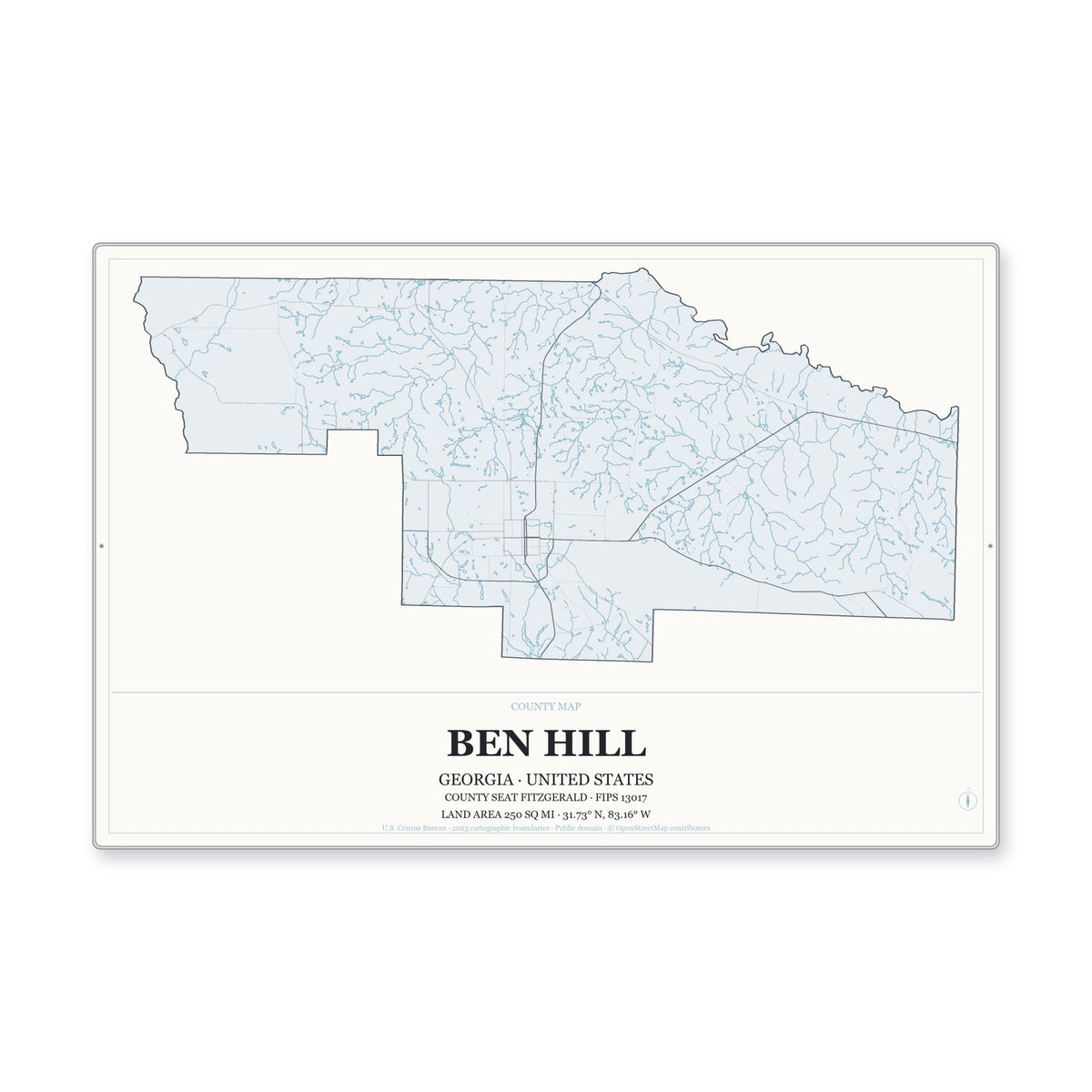 Ben Hill County, Georgia Map Aluminum Sign in Gallery Air style