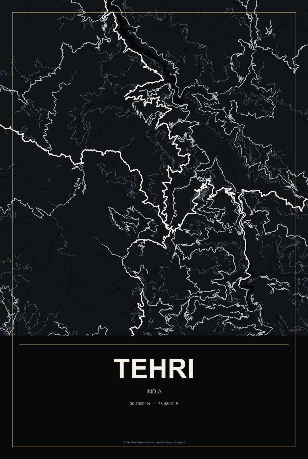 Tehri, India City Map Aluminum Sign in Metropolitan Noir style
