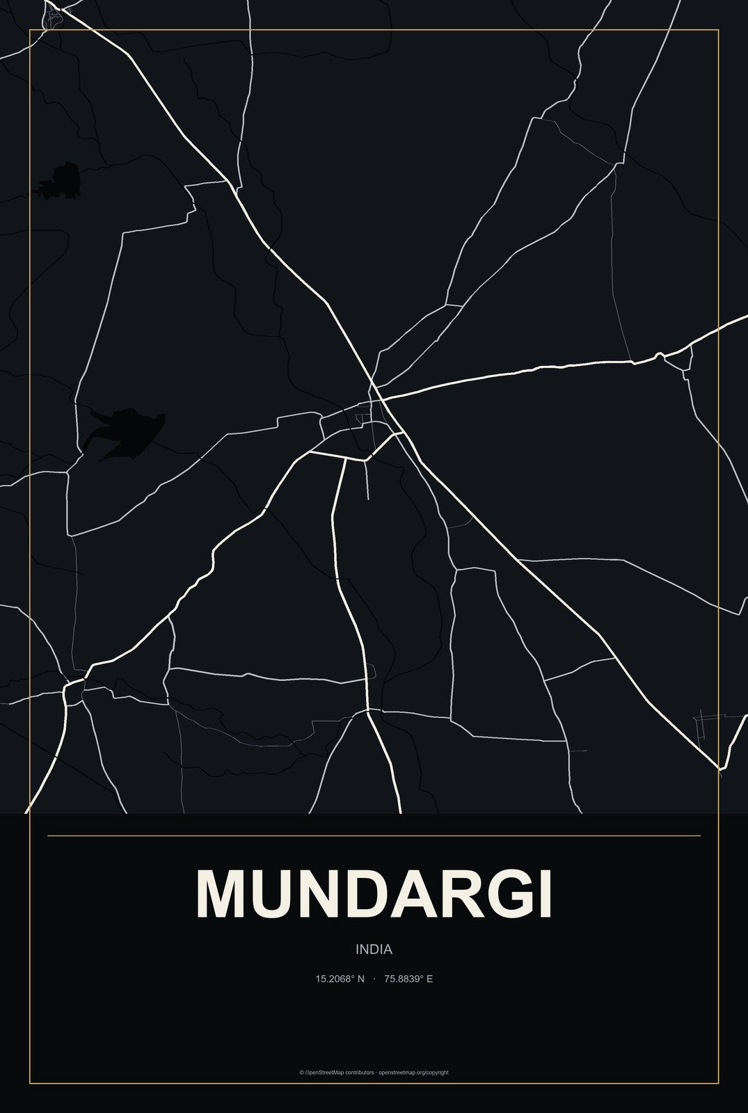 Mundargi, India City Map Aluminum Sign in Metropolitan Noir style