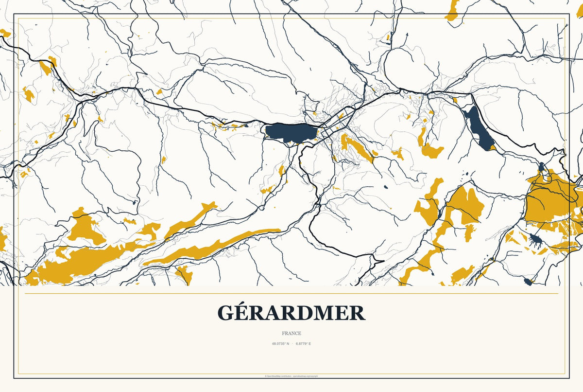 Gérardmer, France City Map Aluminum Sign in Citrine Modern style
