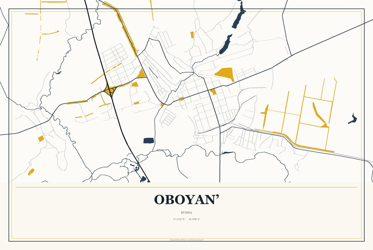 Oboyan’, Russia City Map Aluminum Sign in Citrine Modern style