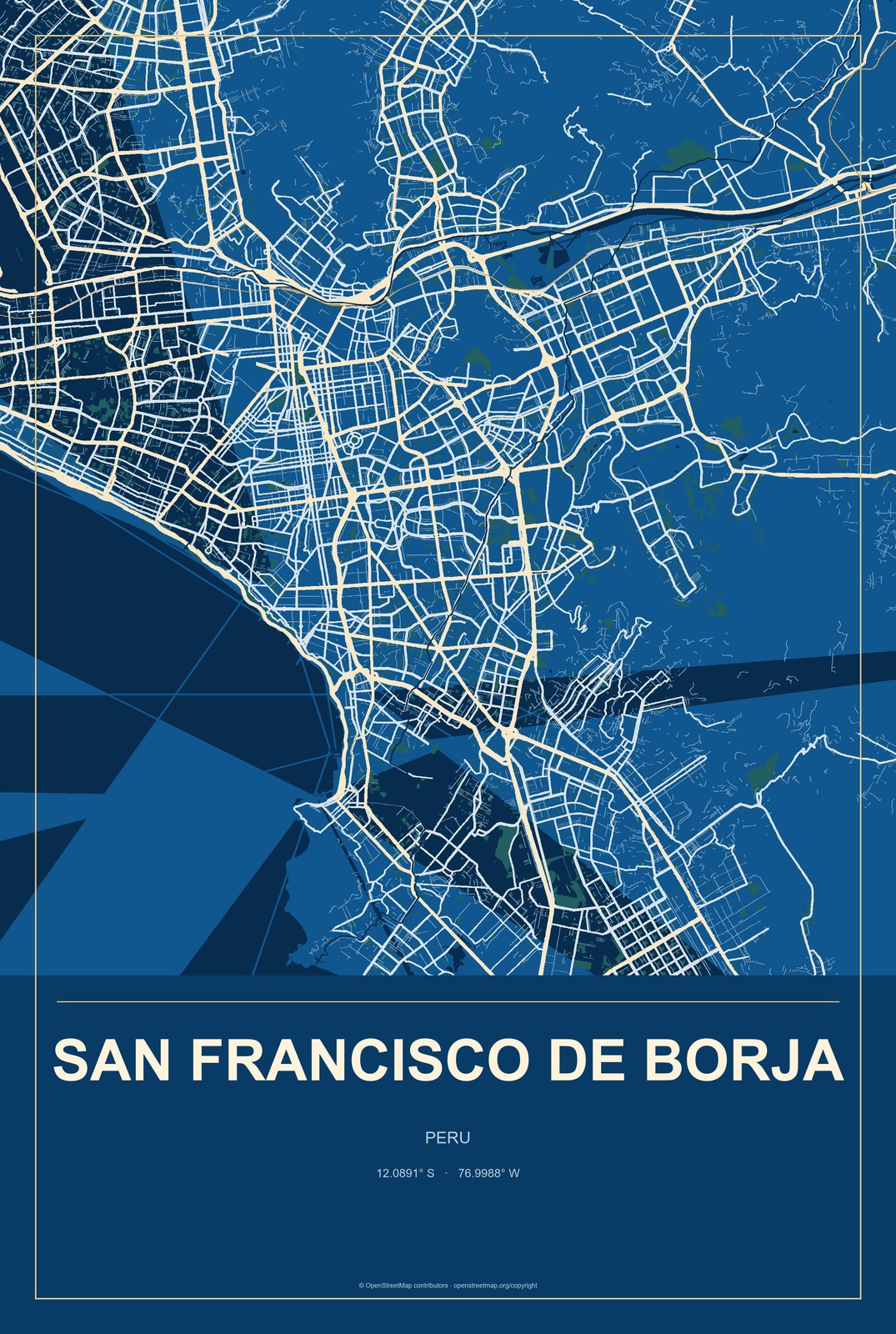 San Francisco De Borja, Peru City Map Aluminum Sign in Harbor Cobalt style