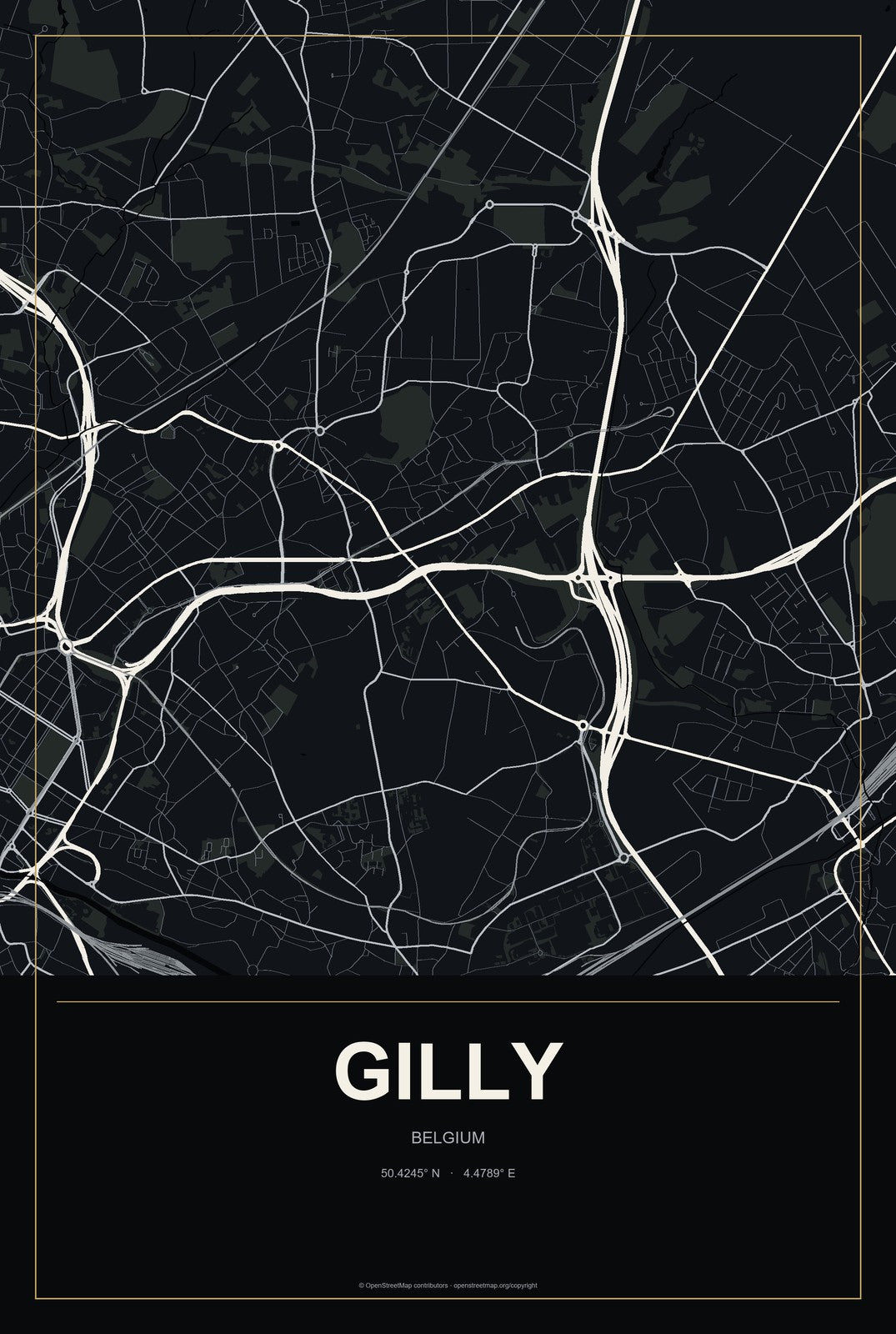 Gilly, Belgium City Map Aluminum Sign in Metropolitan Noir style
