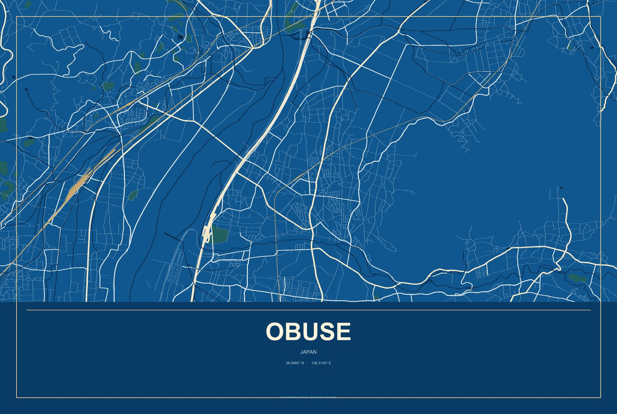 Obuse, Japan City Map Aluminum Sign in Harbor Cobalt style