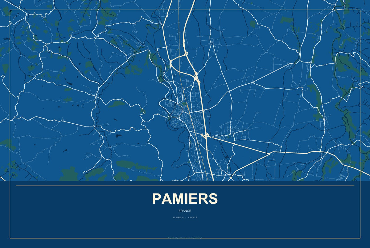 Pamiers, France City Map Aluminum Sign in Harbor Cobalt style