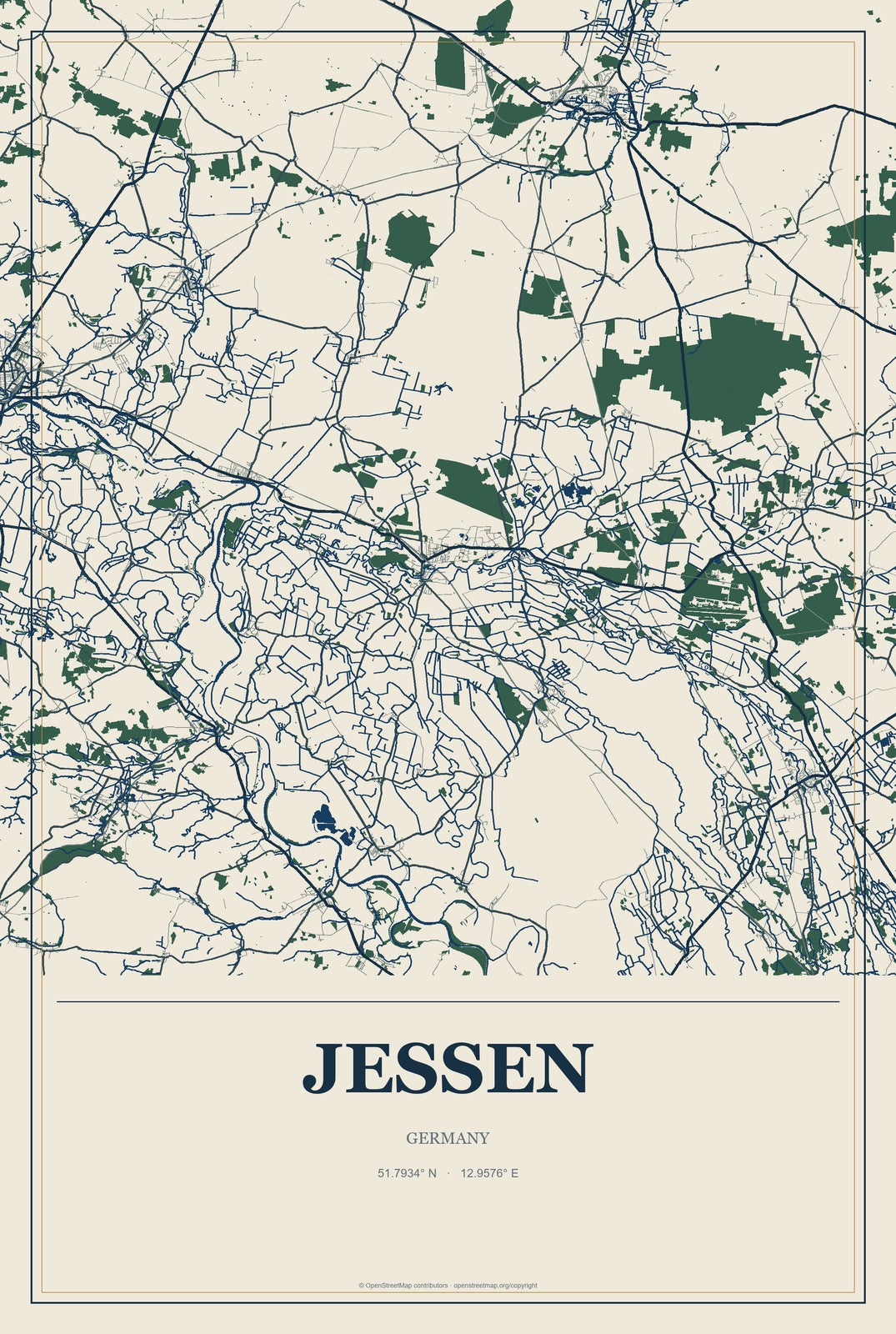 Jessen, Germany City Map Aluminum Sign in Coastal Cutout style