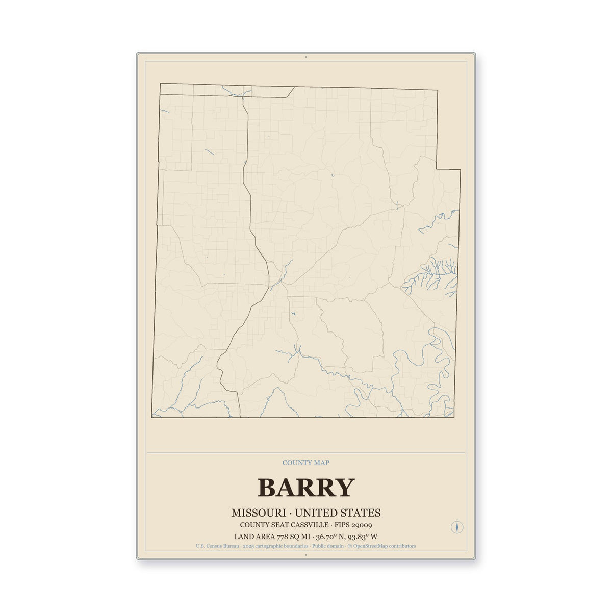 Barry County, Missouri Map Aluminum Sign in Heritage Nautical style