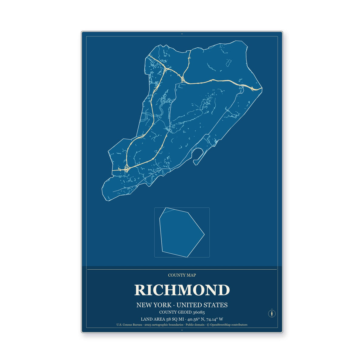 Richmond County, New York Map Aluminum Sign in Harbor Cobalt style