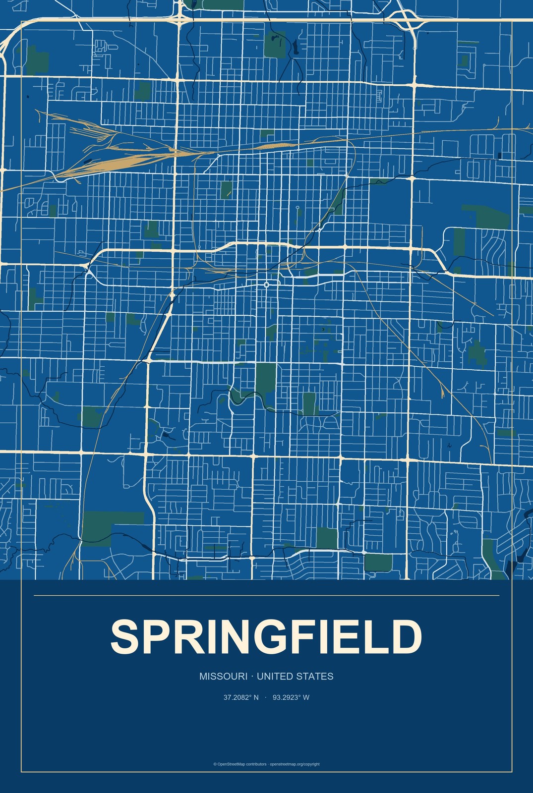 Springfield, Missouri City Map Aluminum Sign in Harbor Cobalt style