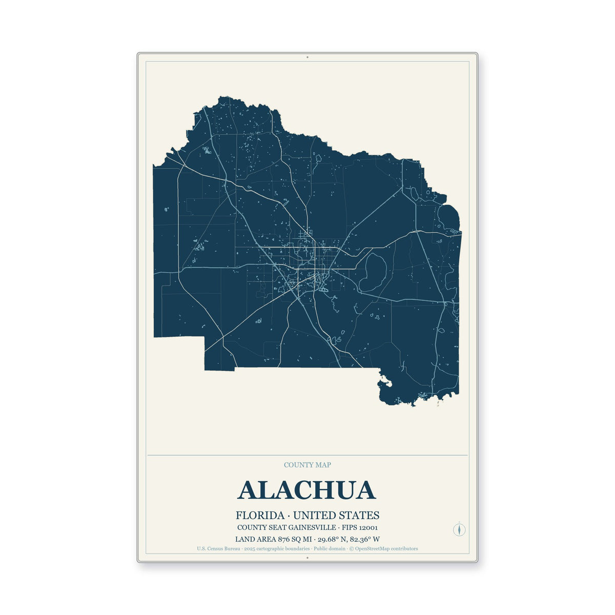 Alachua County, Florida Map Aluminum Sign in Coastal Cutout style