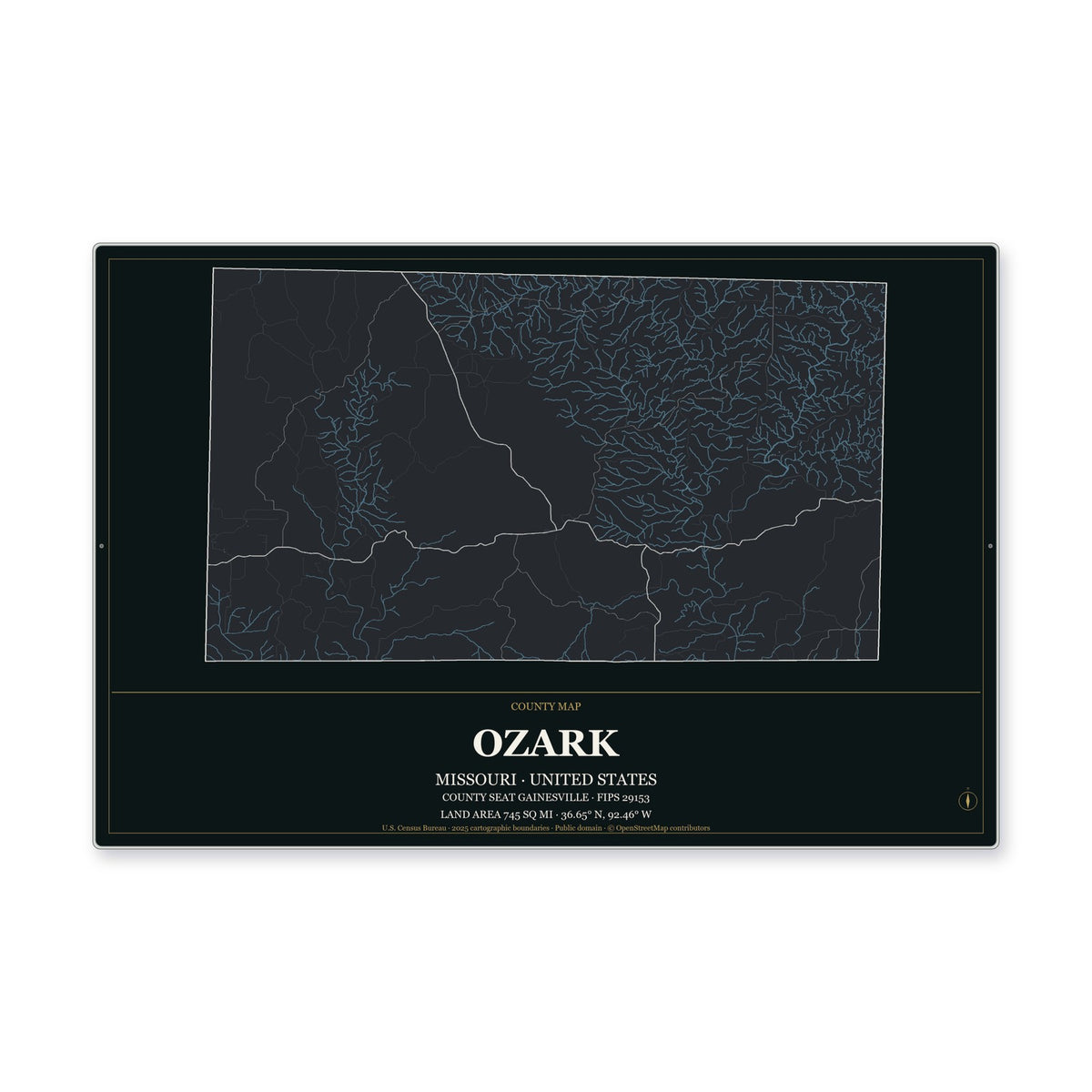 Ozark County, Missouri Map Aluminum Sign in Metropolitan Noir style