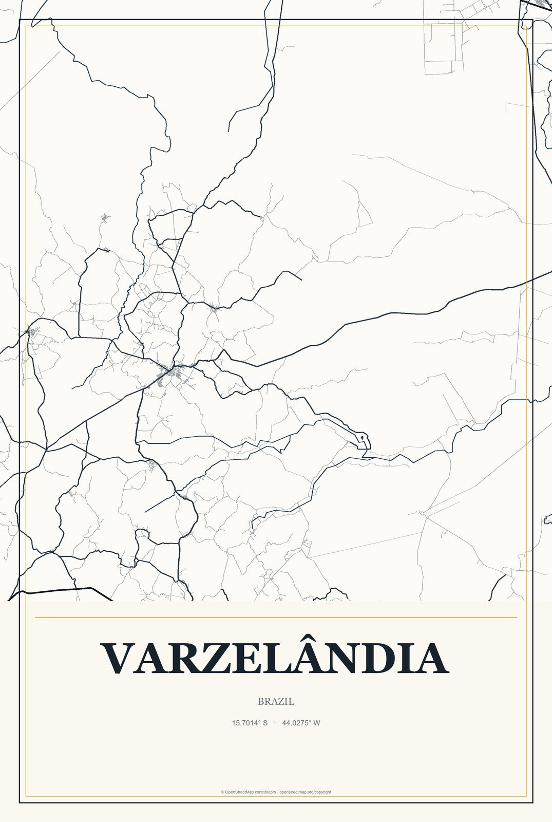 Varzelândia, Brazil City Map Aluminum Sign in Citrine Modern style