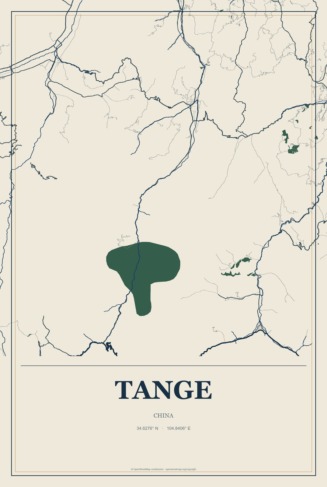 Tange, China City Map Aluminum Sign in Coastal Cutout style