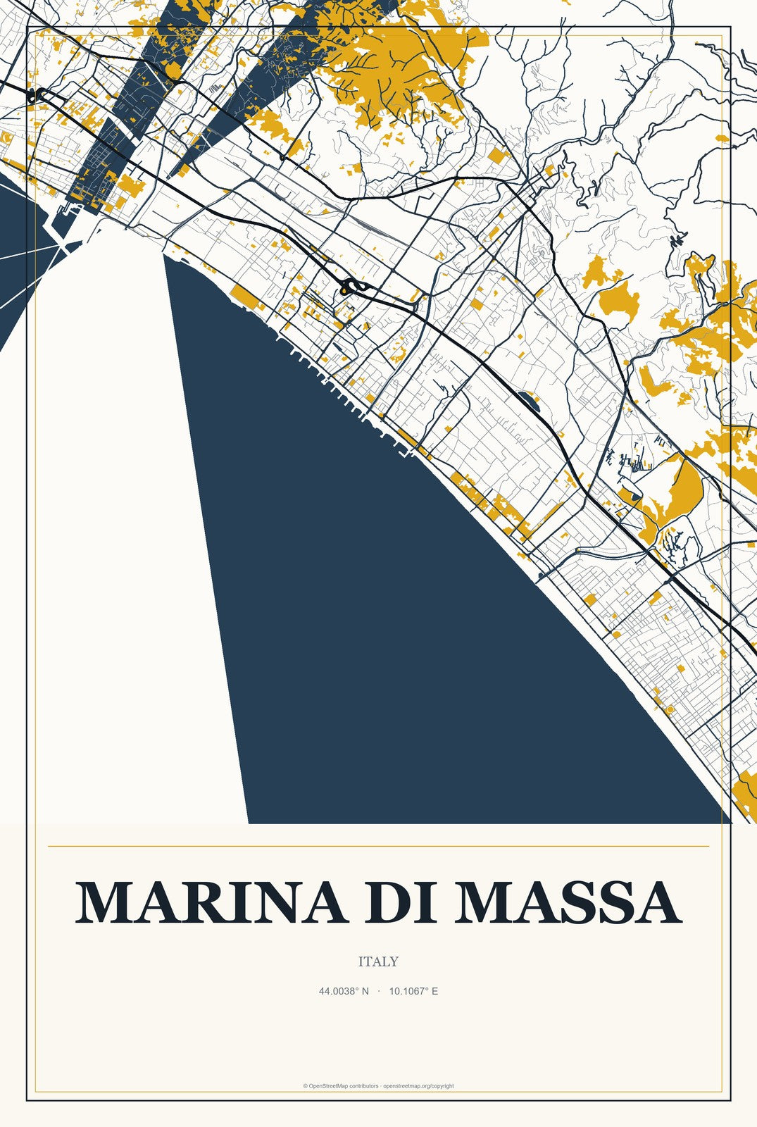 Marina di Massa, Italy City Map Aluminum Sign in Citrine Modern style