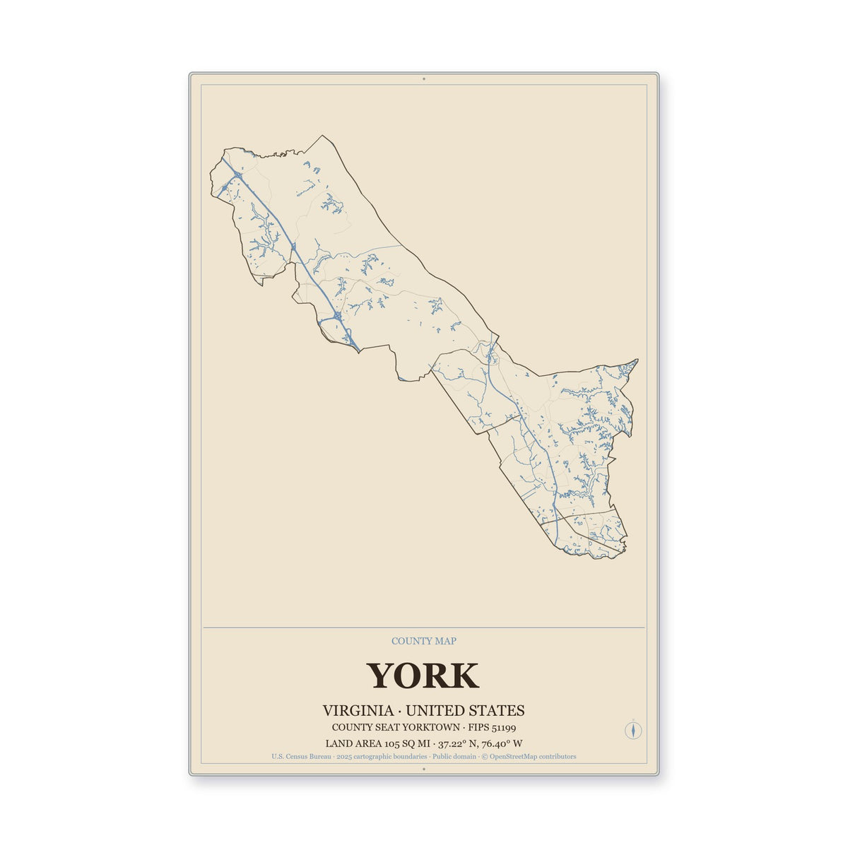 York County, Virginia Map Aluminum Sign in Heritage Nautical style