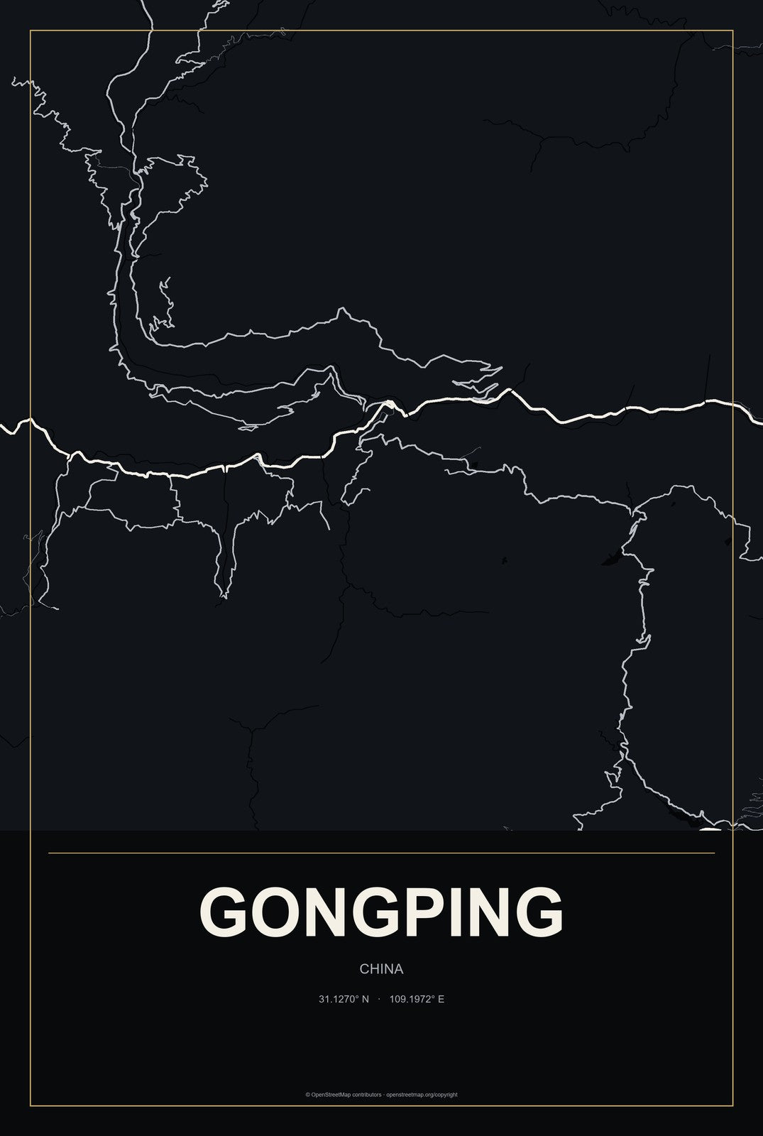 Gongping, China City Map Aluminum Sign in Metropolitan Noir style