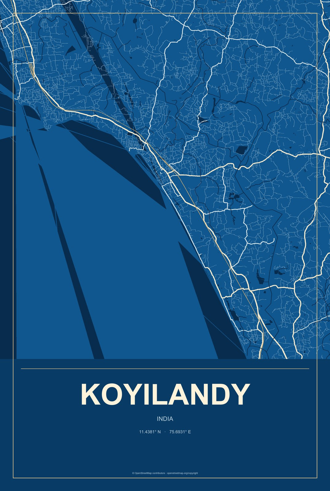 Koyilandy, India City Map Aluminum Sign in Harbor Cobalt style